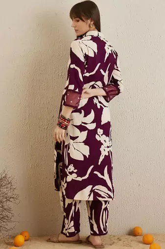 Shirt collar floral printed straight kurta with trouser