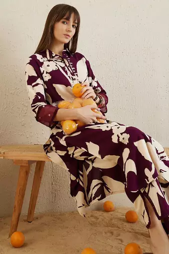 Shirt collar floral printed straight kurta with trouser