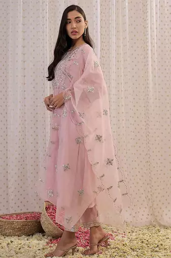Pink ethnic motifs embroidered gotta patti kurta with trousers & dupatta