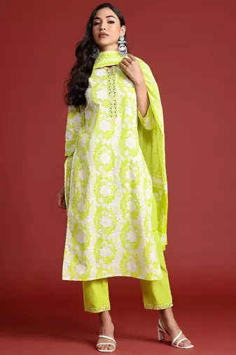 Floral printed thread work pure cotton kurta with trousers & dupatta