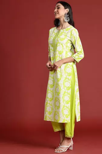 Floral printed thread work pure cotton kurta with trousers & dupatta