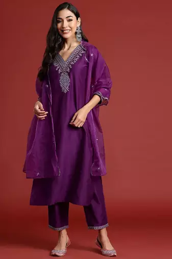 Ethnic motifs yoke design thread work kurta with trousers & dupatta