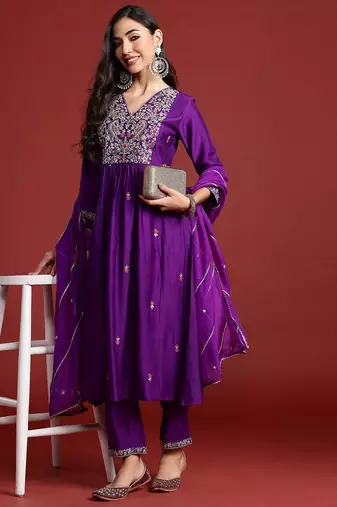 Floral embroidered pleated aari work liva kurta with trousers & dupatta