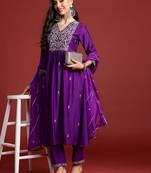 Floral embroidered pleated aari work liva kurta with trousers & dupatta