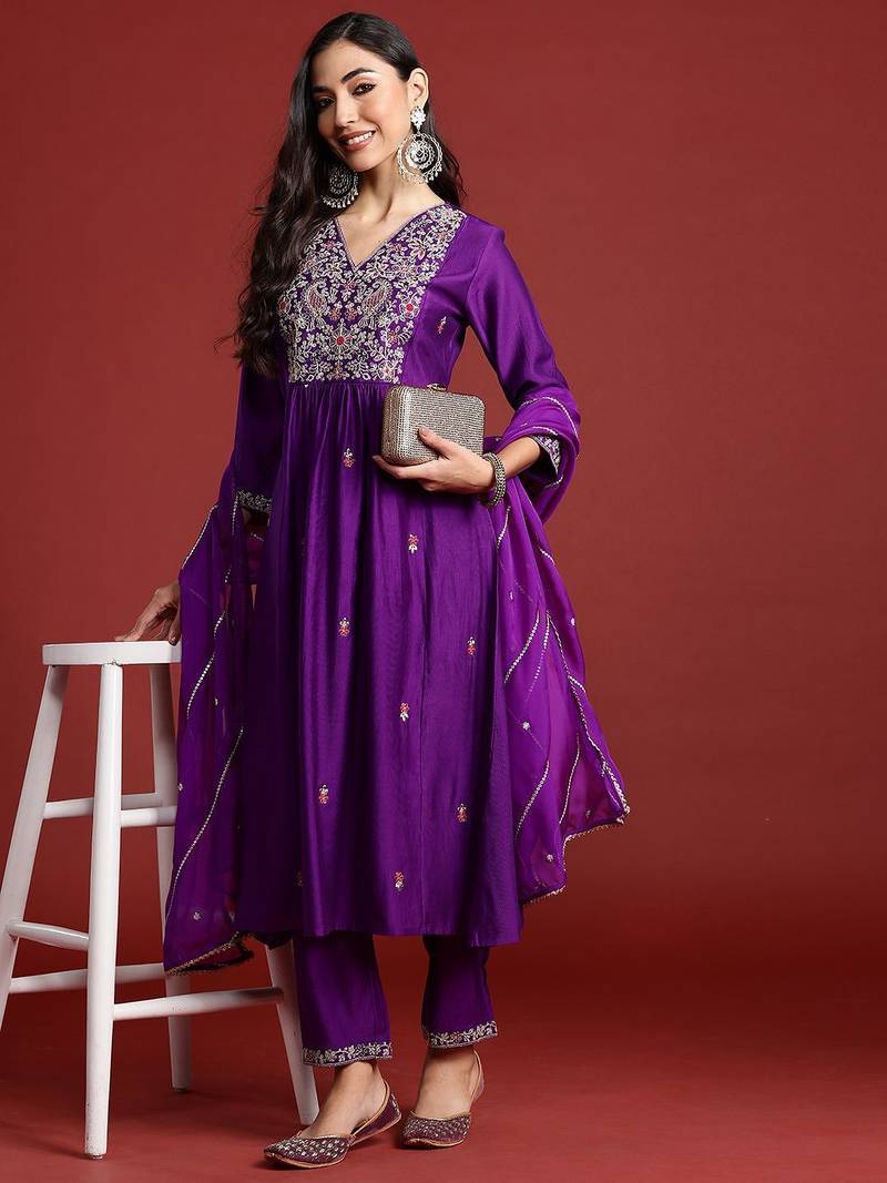 Floral embroidered pleated aari work liva kurta with trousers & dupatta