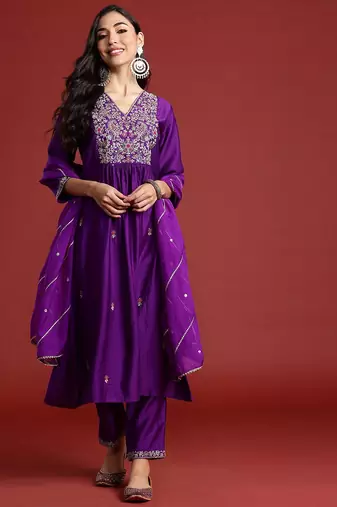 Floral embroidered pleated aari work liva kurta with trousers & dupatta