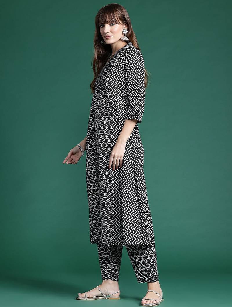 Printed panelled pure cotton kurta with trousers