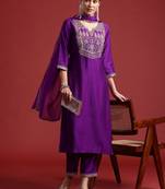 Ethnic motifs yoke design liva kurta with trousers & dupatta