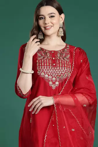 Ethnic motifs embroidered regular sequinned liva kurta with trousers & dupatta
