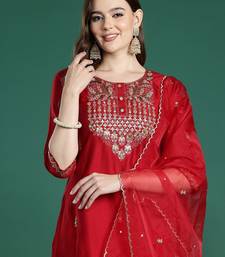 Ethnic motifs embroidered regular sequinned liva kurta with trousers & dupatta