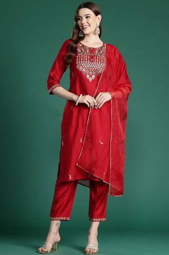 Ethnic motifs embroidered regular sequinned liva kurta with trousers & dupatta
