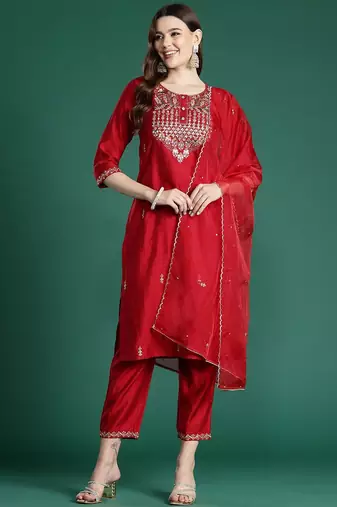Ethnic motifs embroidered regular sequinned liva kurta with trousers & dupatta