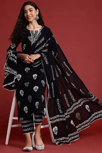 Floral printed regular pure cotton kurta with trousers & dupatta