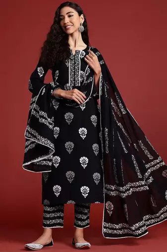 Floral printed regular pure cotton kurta with trousers & dupatta