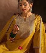 Yellow paisley embroidered regular straight kurta with trousers & dupatta