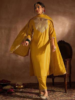 Yellow paisley embroidered straight kurta with trousers & dupatta 2