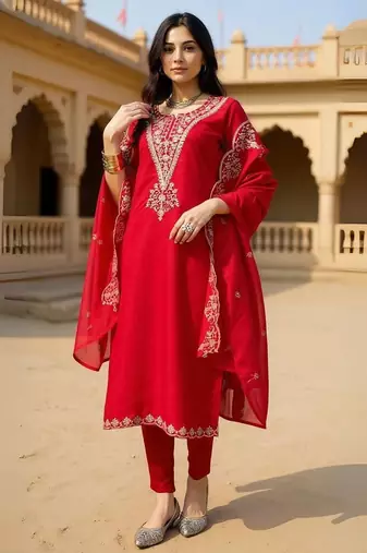 Red ethnic motifs embroidered regular kurta with trousers & dupatta