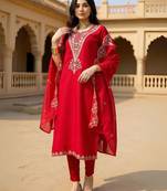 Red ethnic motifs embroidered regular kurta with trousers & dupatta