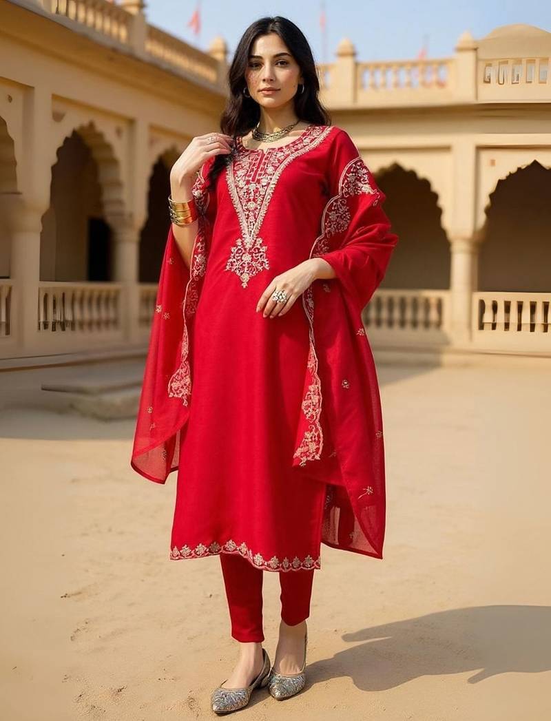 Red ethnic motifs embroidered regular kurta with trousers & dupatta