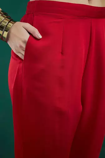Red ethnic motifs embroidered regular kurta with trousers & dupatta