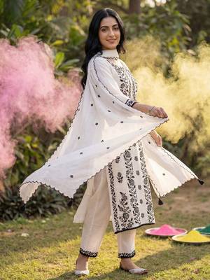 Floral embroidered thread work kurta with trousers & dupatta 1