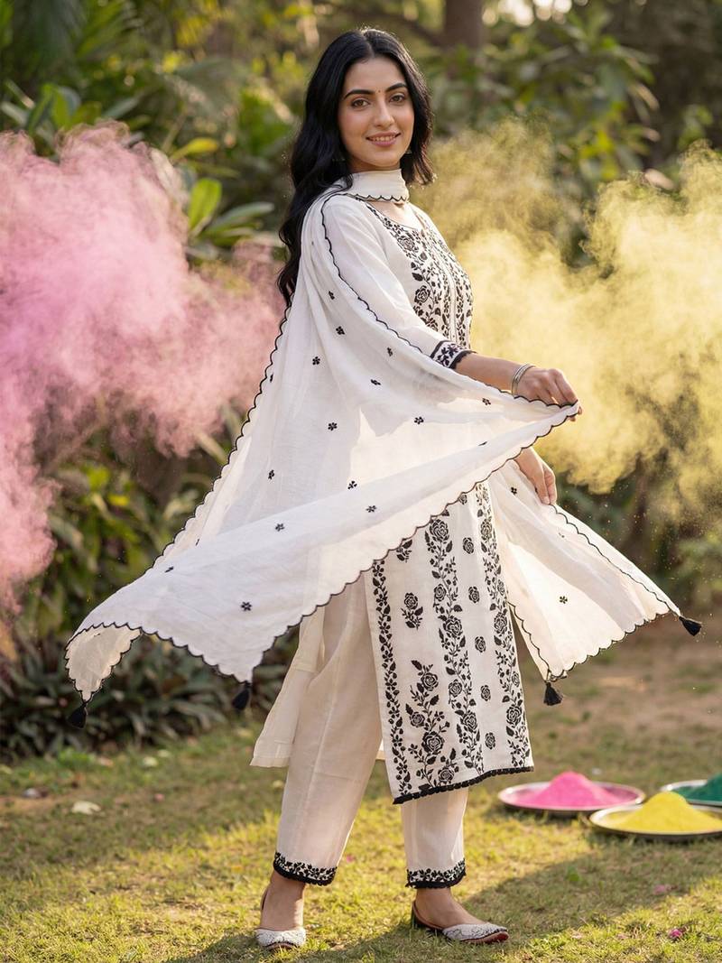 Floral embroidered thread work kurta with trousers & dupatta