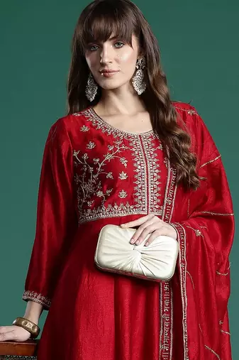 Ethnic motifs embroidered empire kurta with trousers & dupatta