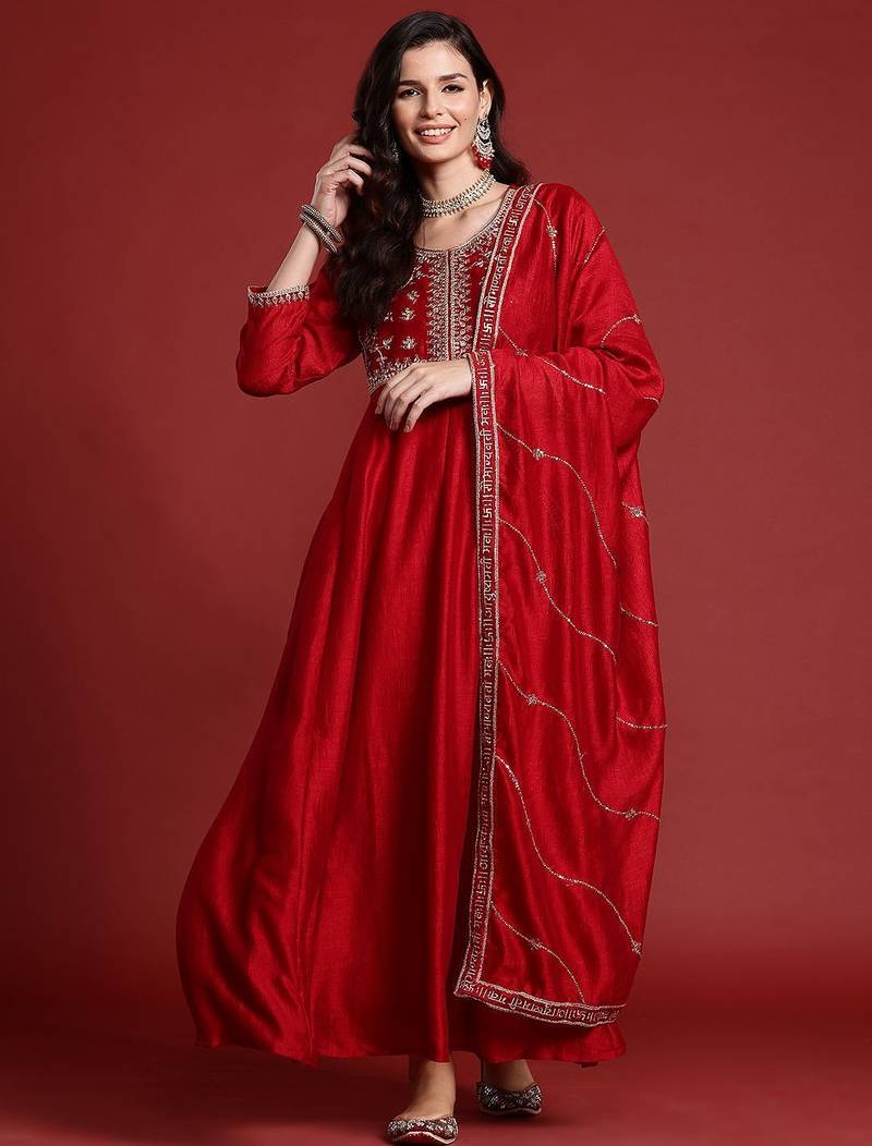 Ethnic motifs embroidered empire kurta with trousers & dupatta