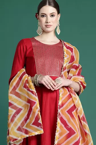 Yoke design pleated sequinned liva kurta with trousers & dupatta