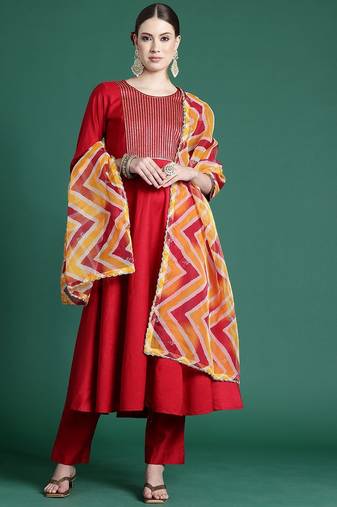 Yoke design pleated sequinned liva kurta with trousers & dupatta