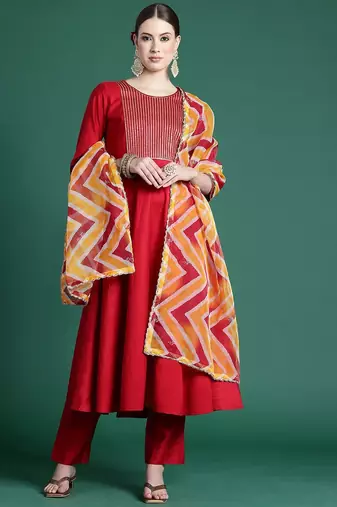 Yoke design pleated sequinned liva kurta with trousers & dupatta