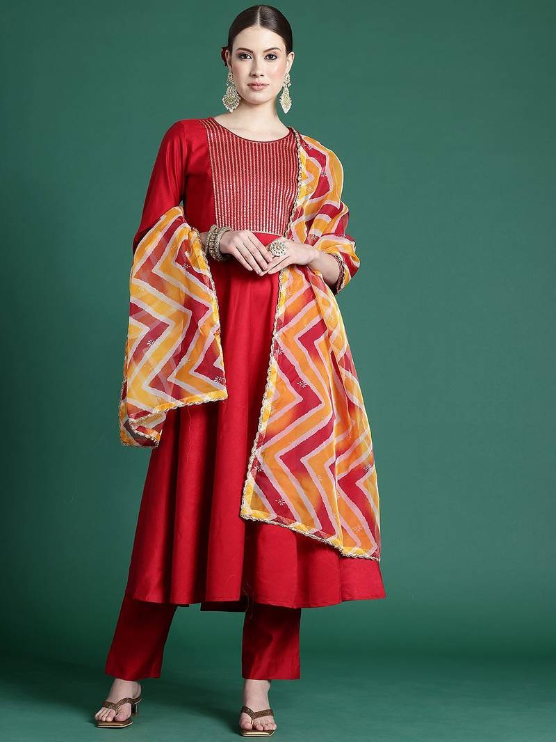 Yoke design pleated sequinned liva kurta with trousers & dupatta