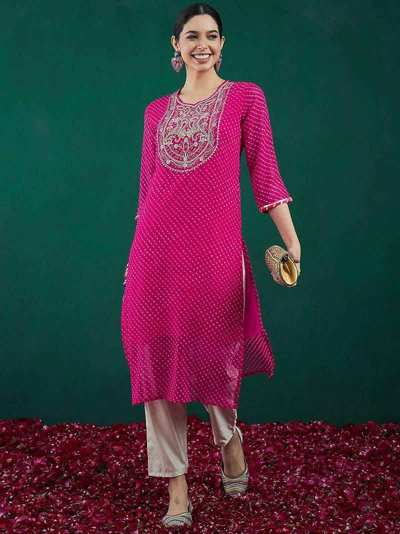 Ethnic motifs printed sweetheart neck georgette sequins straight kurtas