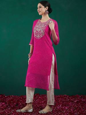 Ethnic motifs printed sweetheart neck georgette sequins straight kurtas 5