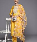 Floral yoke design regular sequinned liva kurta with trousers & dupatta