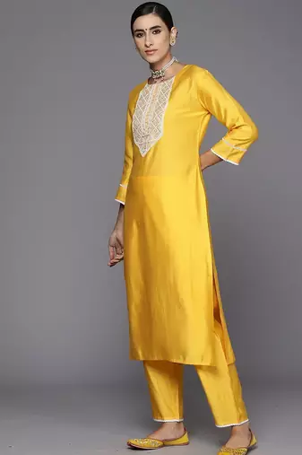 Floral yoke design regular sequinned liva kurta with trousers & dupatta
