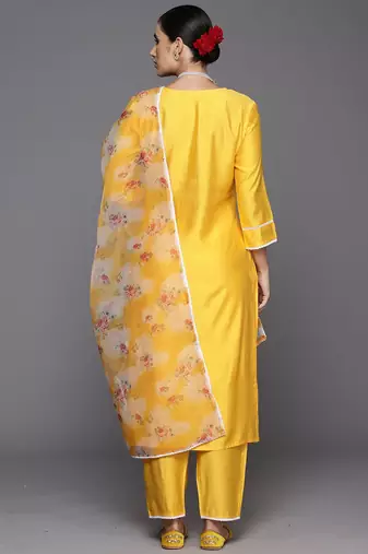 Floral yoke design regular sequinned liva kurta with trousers & dupatta