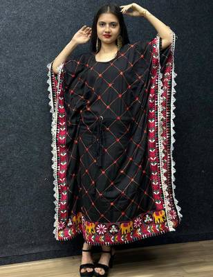 Navratri wear black fiyona silk cotton thread work women's free size kaftans kurti 1