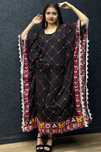 Navratri wear black fiyona silk cotton thread work women's free size kaftans kurti