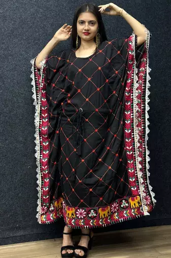 Navratri wear black color fiyona silk cotton thread work women's free size kaftans kurti