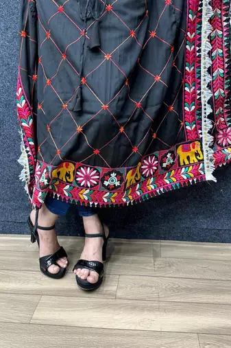 Navratri wear black color fiyona silk cotton thread work women's free size kaftans kurti
