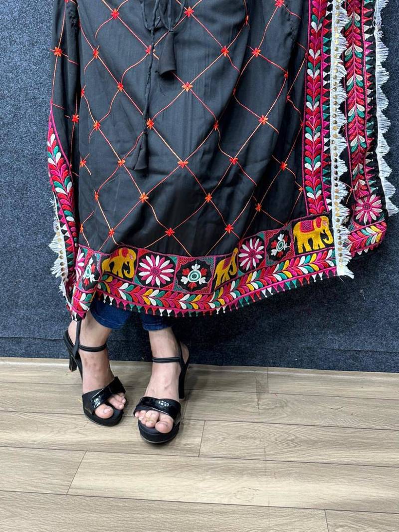 Navratri wear black color fiyona silk cotton thread work women's free size kaftans kurti