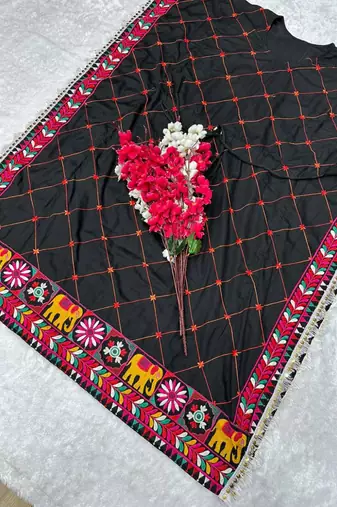 Navratri wear black color fiyona silk cotton thread work women's free size kaftans kurti