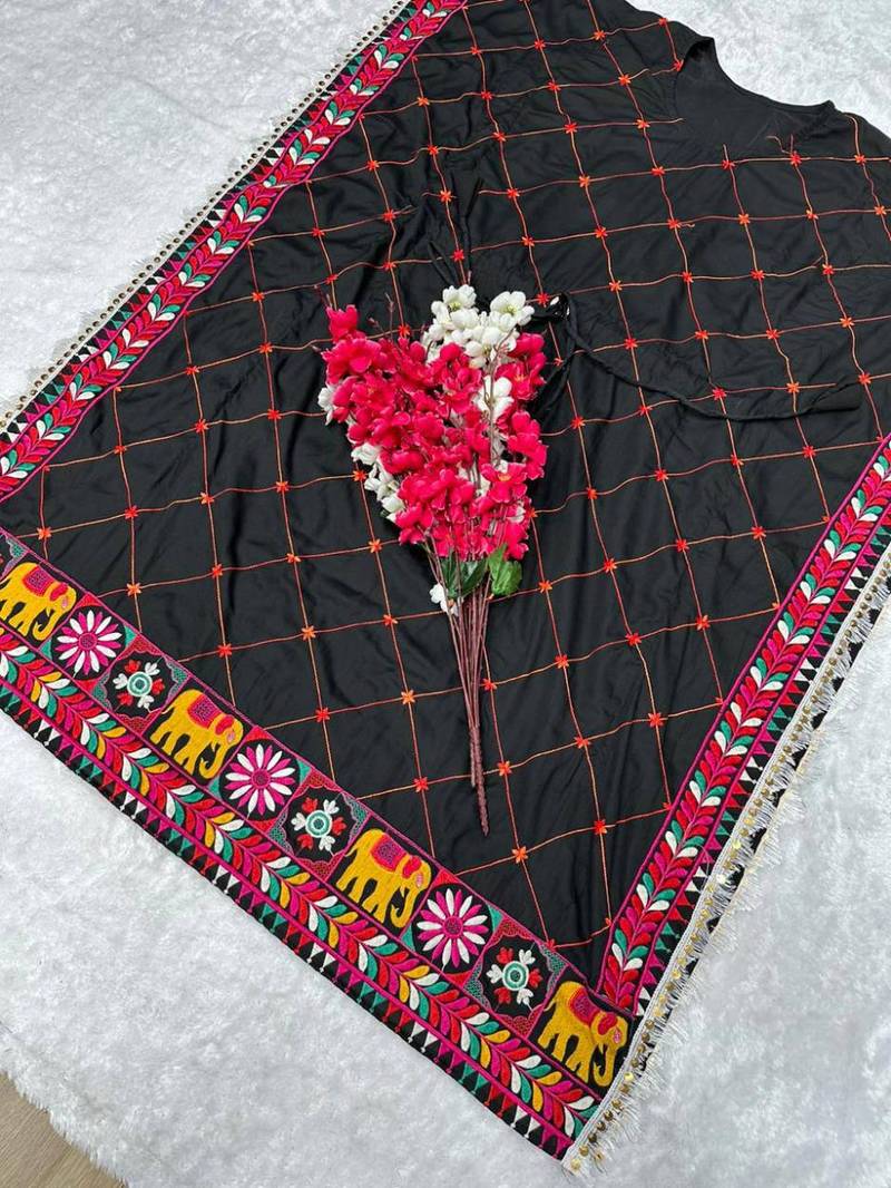 Navratri wear black color fiyona silk cotton thread work women's free size kaftans kurti