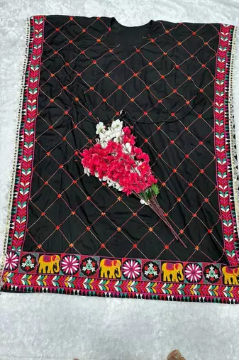 Navratri wear black color fiyona silk cotton thread work women's free size kaftans kurti