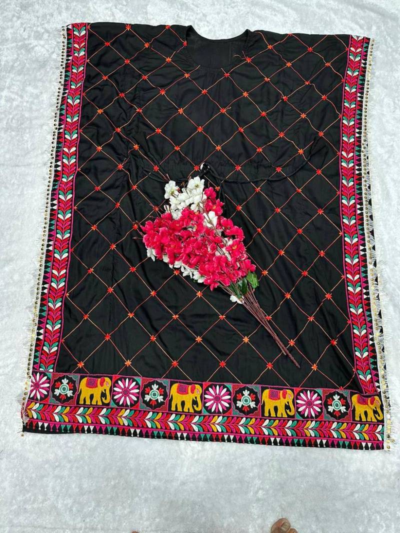 Navratri wear black color fiyona silk cotton thread work women's free size kaftans kurti