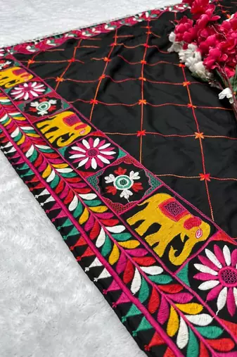 Navratri wear black color fiyona silk cotton thread work women's free size kaftans kurti