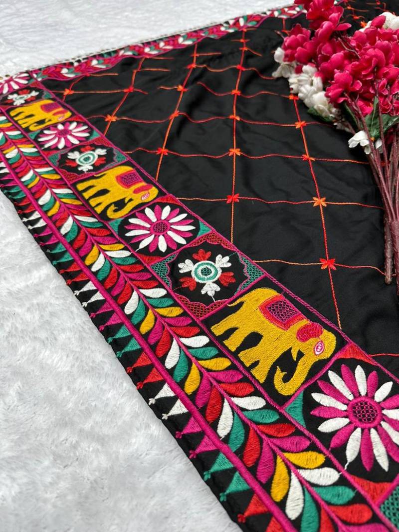 Navratri wear black color fiyona silk cotton thread work women's free size kaftans kurti