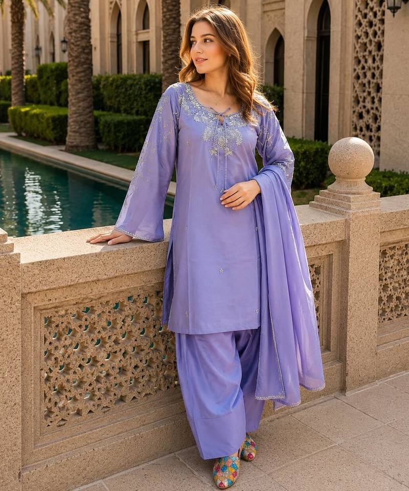 Lavender crape readymade kurti set with beads sequence work