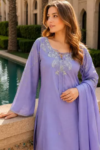 Lavender crape kurti set with beads sequin work